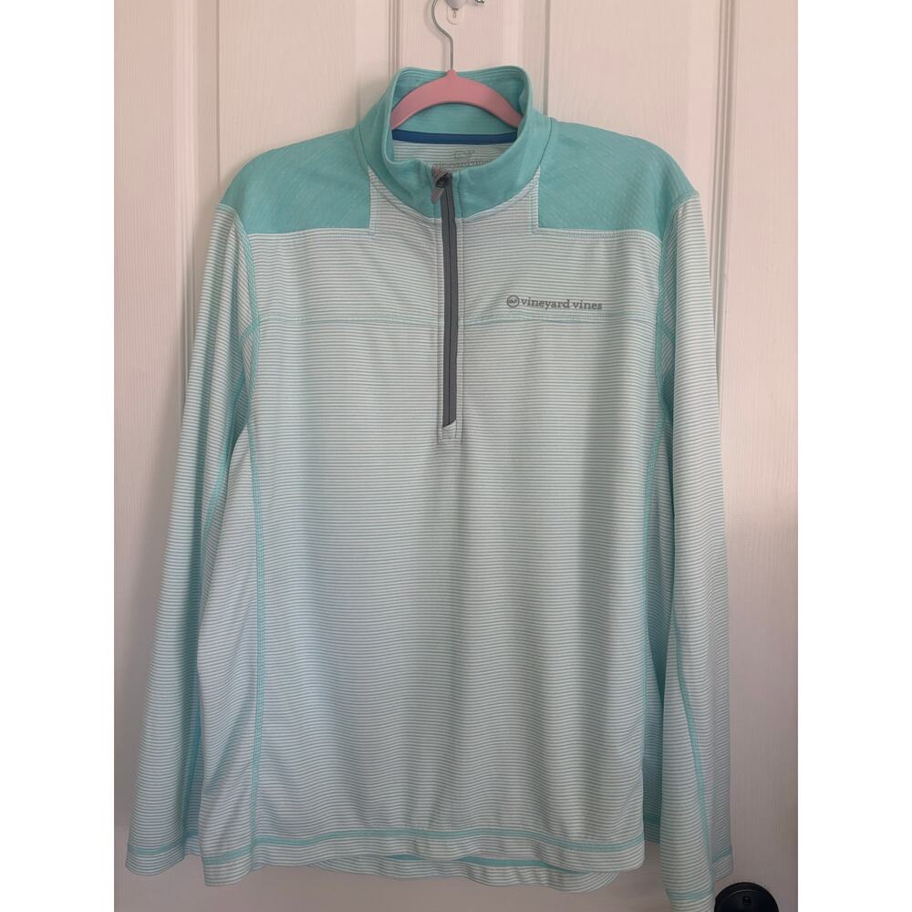 Vineyard Vines Performance Large Quarter Zip Mens Teal Striped Pullover